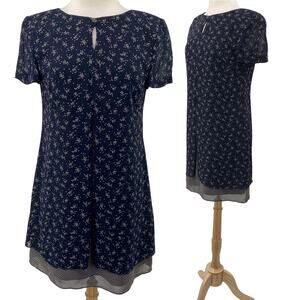 Vintage 90s Ditsy Floral Mini Dress Button Keyhole Neck Printed Navy Womens 10 P